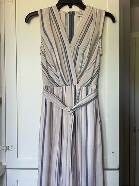 Allison & Kelly Sleeveless Striped Wrap Jumpsuit in Cream and Blue